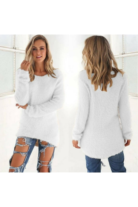 Women's Fashionable Long Sleeve Pullovers Tops Loose Fluffy Fuzzy Jumper Sweater Solid Crewneck Winter Shirt Blouse