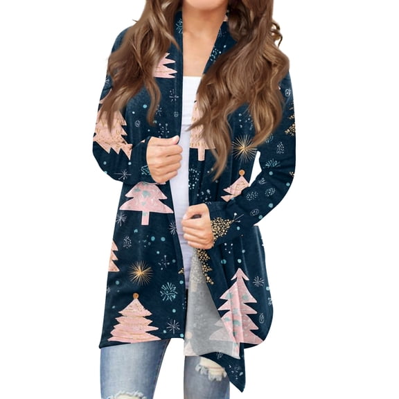 Women's Fashionable Loose-Fit Casual Cardigan With Christmas Tree Print Mid-Length Coat for Women's Casual Fashion and Apparel,Royal Blue,XL