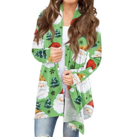 Women's Fashionable Loose-Fit Casual Cardigan with Christmas Print Mid-Length Coat for Holiday Outfits and Comfortable Wear,Mint Green,3XL
