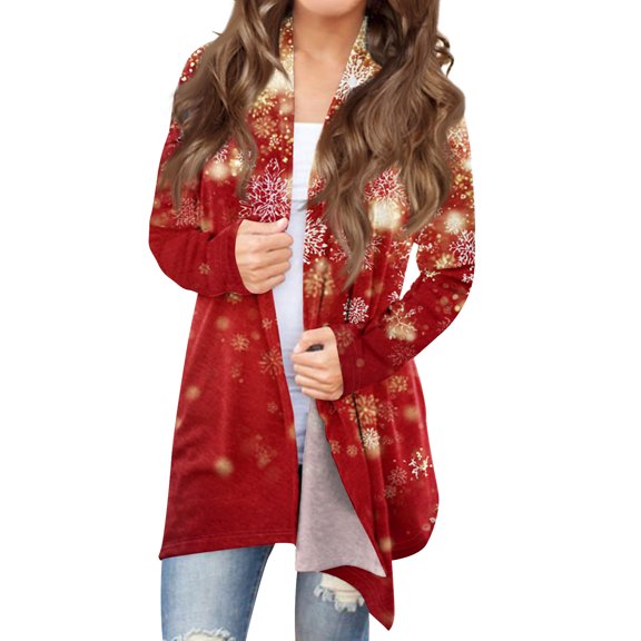 Women's Fashionable Loose-Fit Casual Cardigan with Christmas Print Mid-Length Coat for Holiday Outfits and Comfortable Wear,Red,S