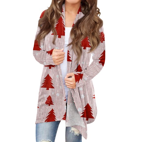 Women's Fashionable Loose-Fit Casual Cardigan with Christmas Print Mid-Length Coat for Holiday Outfits and Comfortable Wear,Red,S
