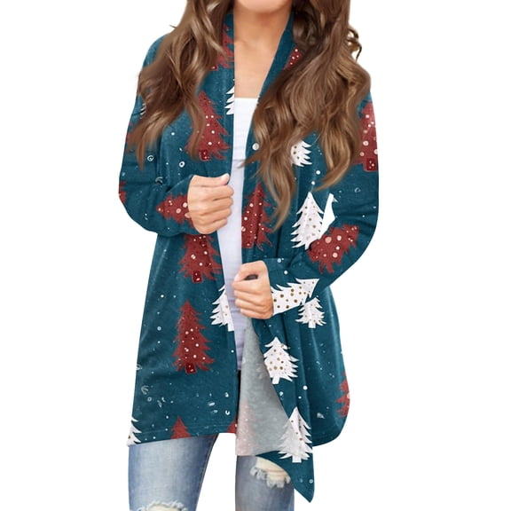 Women's Fashionable Loose-Fit Casual Cardigan with Christmas Print Mid-Length Coat for Holiday Outfits and Comfortable Wear,Sky Blue,S