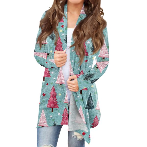 Women's Fashionable Loose-Fit Casual Cardigan with Christmas Print Mid-Length Coat for Holiday Outfits and Comfortable Wear,Sky Blue,XL