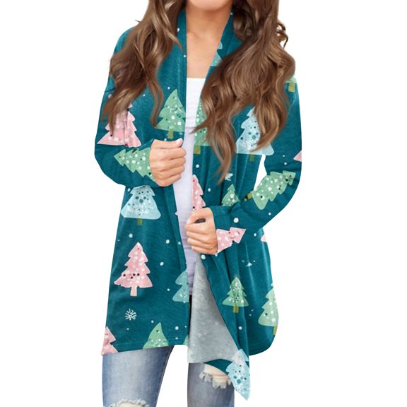 Women's Fashionable Loose-Fit Casual Cardigan with Christmas Print Mid-Length Coat for Holiday Outfits and Comfortable Wear,Turquoise,S
