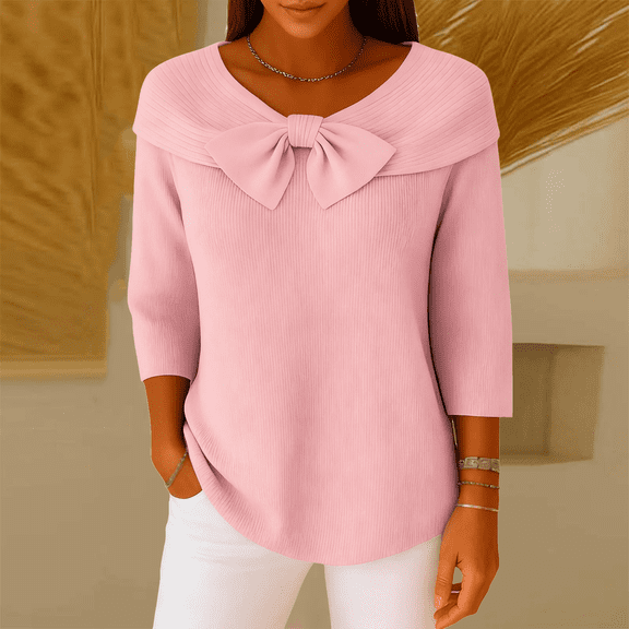 Women's Fashionable Loose Fit Knitted Casual Solid Color Long Sleeve Top, Relaxed and Comfortable, Perfect for Everyday Casual and Seasonal Activities,Pink,L
