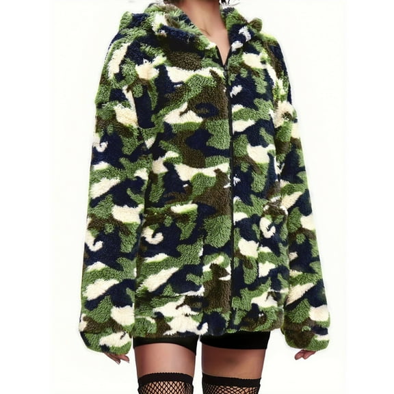 Women's Fashionable Loose Plus Size Fleece Hooded Jacket Dark Green XXXXXL