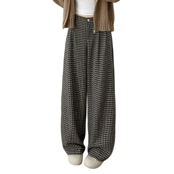Women's Fashionable Loose Wide Leg Trousers with Plaid and Long Length for Elegant and Comfortable Wear,Gray,S