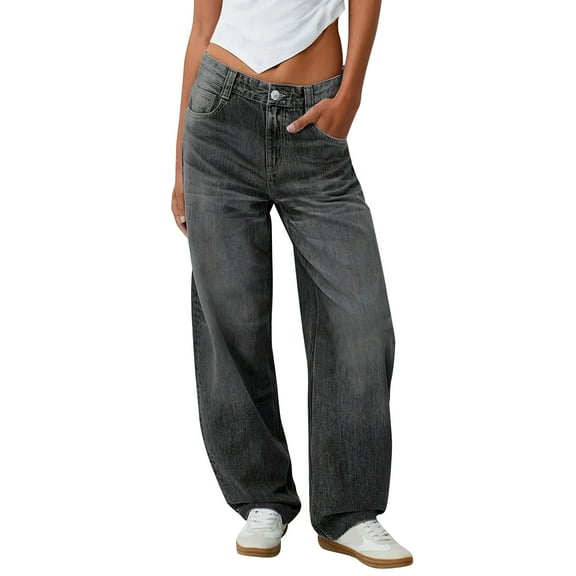 Women's Fashionable Low-Rise Straight Leg Jeans - Elastic Solid Color With Pockets Casual Versatile Denim, Dark Gray Size S
