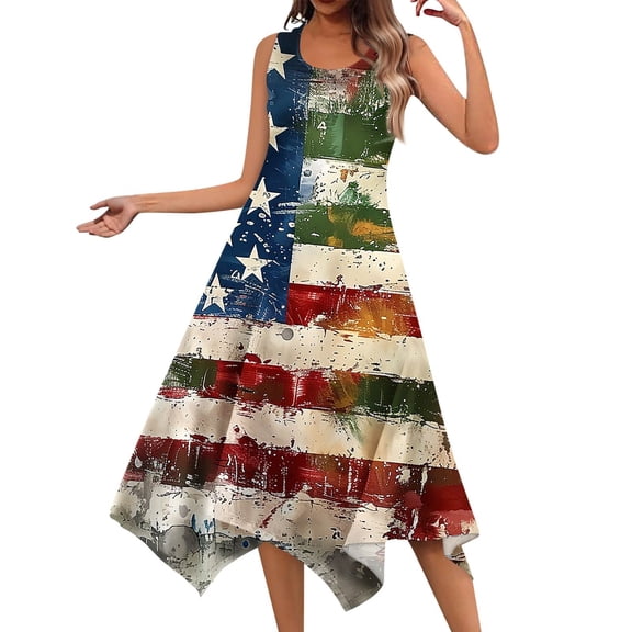 Women's Fashionable Midi Dress Sleeveless Round Neck Design, Independence Day Print with Irregular Hem, Perfect for Casual Wear,Khaki L