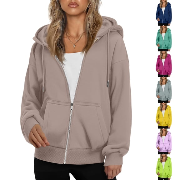 Women's Fashionable Oversized Hooded Casual Sweatshirt with Zip Up Solid Color Jacket for Lounge Wear, Winter Comfort, and Festive Relaxation,Yellow,L