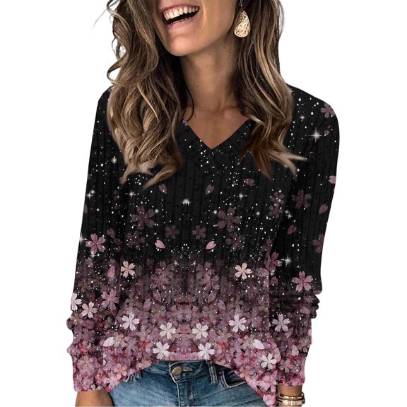 Women's Fashionable Oversized V-Neck T-Shirt With Beautiful Floral Print Long-Sleeved Pullover Top, Elegant and Loose Fit Blouse for Spring and Summer,Light pink,M