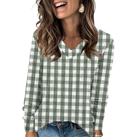 Women's Fashionable Oversized V-Neck T-Shirt With Classic Check Print Long-Sleeved Pullover Top, Plaid Pattern Loose Fit Comfortable Top for Women,Green,L