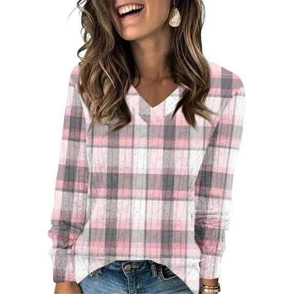 Women's Fashionable Oversized V-Neck T-Shirt With Classic Check Print Long-Sleeved Pullover Top, Plaid Pattern Loose Fit Comfortable Top for Women,Pink,2XL