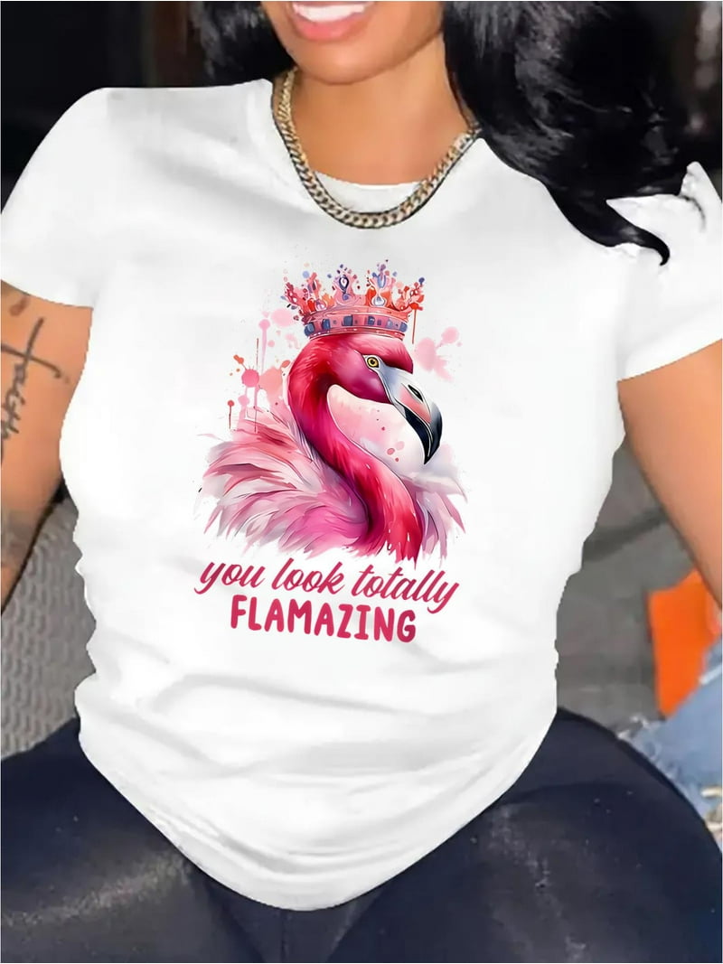 Women's Fashionable Pink Flamingo Graphic T-Shirt Casual Round