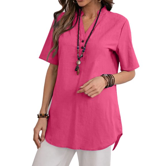Women's Fashionable Pink Pure Color V-Neck Button Short Sleeve Top - Casual Daily Wear 3XL