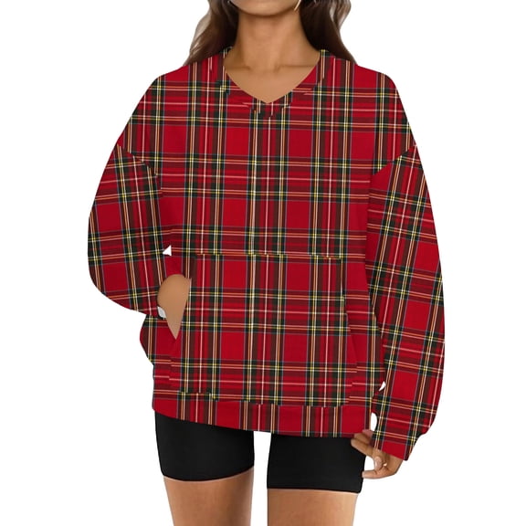 Women's Fashionable Plaid Print Long Sleeve V-Neck Sweatshirt for Casual and Chic Looks with Warm Fabric,Deep Red,XL