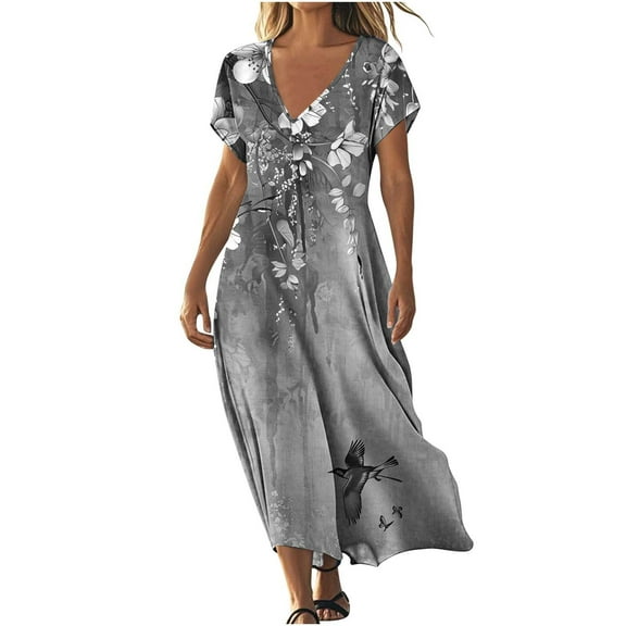 Women's Fashionable Printed Short Sleeved V-neck Dress Long Skirt