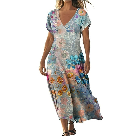 Women's Fashionable Printed Short Sleeved V-neck Dress Long Skirt
