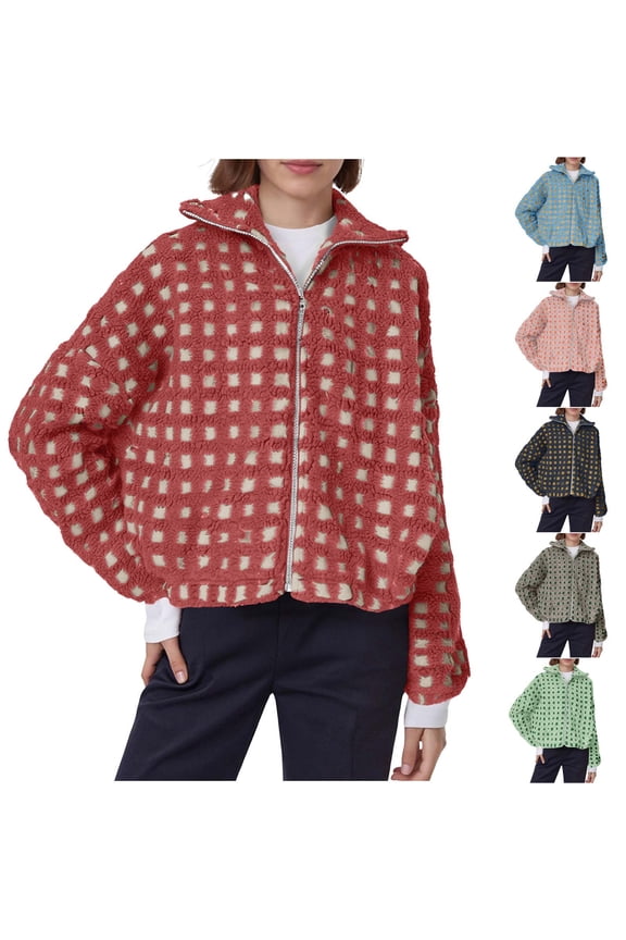 Women's Fashionable Red Checkered Jacket Coat Outerwear, Casual Long Sleeve Button Up Shacket, Vintage Plaid Style for Fall Winter Holiday Season | CSEONE,Red L