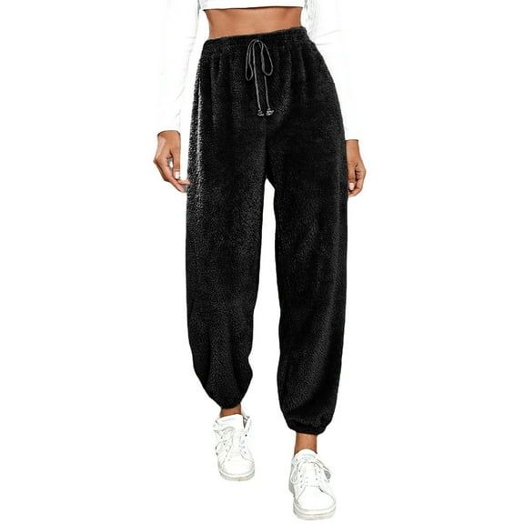 Women's Fashionable Relaxed-Fit Fleece-Lined Solid-Colour Cuffed Sports Trousers, Black, Size S