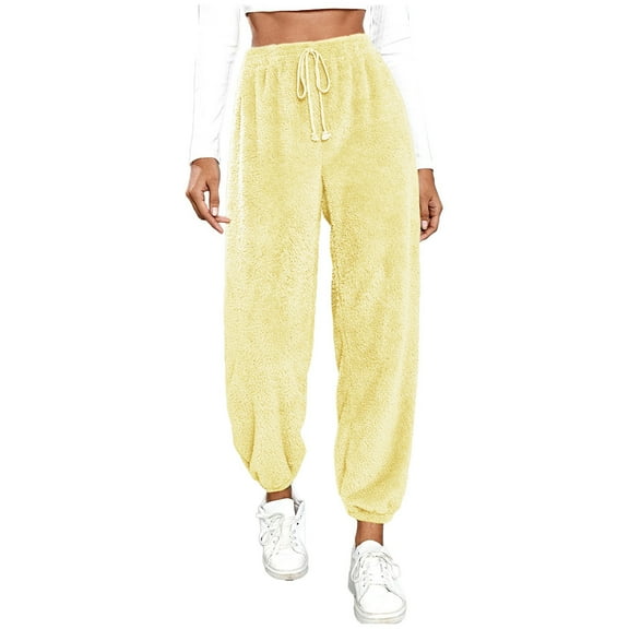 Women's Fashionable Relaxed-Fit Fleece-Lined Solid-Colour Cuffed Sports Trousers, Yellow, Size S