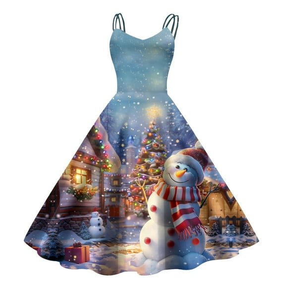 Women's Fashionable Retro Christmas Printed Casual Long Dress with Strap and Zipper Design for Holiday Party Wear
