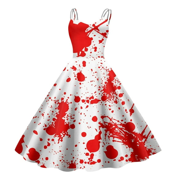 Women's Fashionable Retro Halloween Funny Printed Strap Casual Long Dress (2)Red S