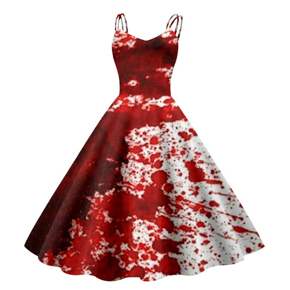 Women's Fashionable Retro Halloween Funny Printed Strap Casual Long Dress (4)Watermelon Red M
