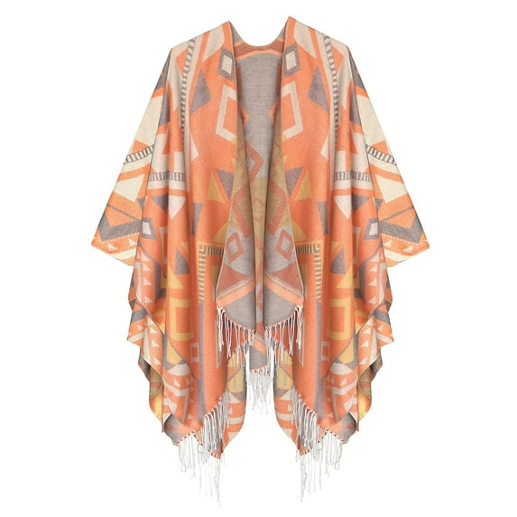 Women's Fashionable Retro Style Vintage Pattern Tassel Poncho Shawl Cape (Series1-pink)