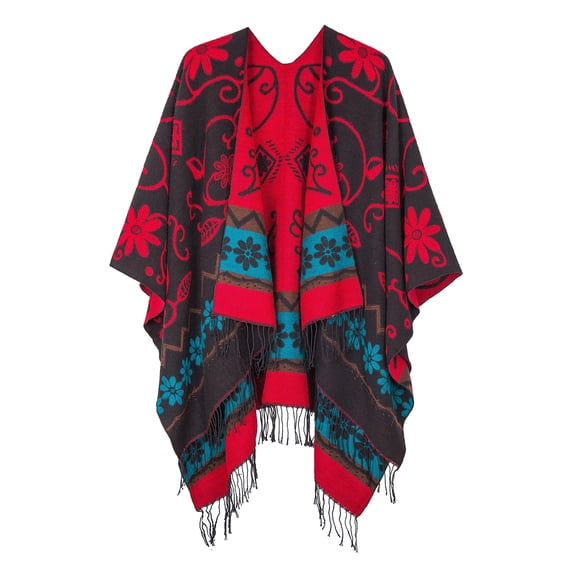 Women's Fashionable Retro Style Vintage Pattern Tassel Poncho Shawl Cape (Series1-pink)