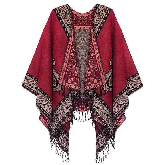 Women's Fashionable Retro Style Vintage Pattern Tassel Poncho Shawl Cape (Series1-pink)