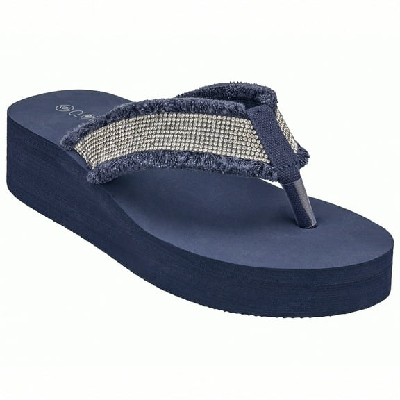 Women's Fashionable Rhinestone Decor Flip Flops Thick Bottom Wedge Beach Sandals Platform Flip Flop Toe Post Design Slippers Summer Sandals