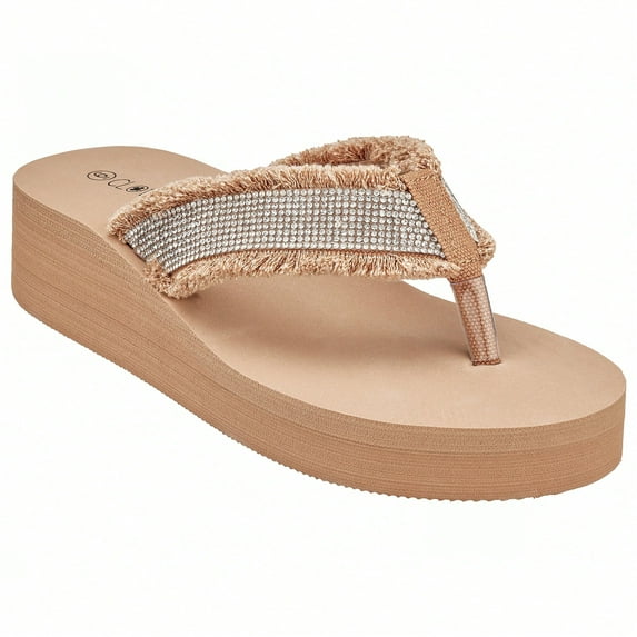 Women's Fashionable Rhinestone Decor Flip Flops Thick Bottom Wedge Beach Sandals Platform Flip Flop Toe Post Design Slippers Summer Sandals