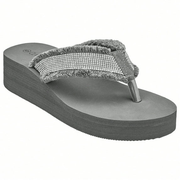 Women's Fashionable Rhinestone Decor Flip Flops Thick Bottom Wedge Beach Sandals Platform Flip Flop Toe Post Design Slippers Summer Sandals