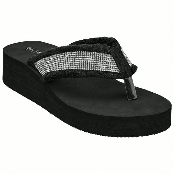 CLOVERLAY Women's Shoes Rhinestone Decor Flip-Flops, Black Thick Bottom Wedge Platform Split Toe, Size 7