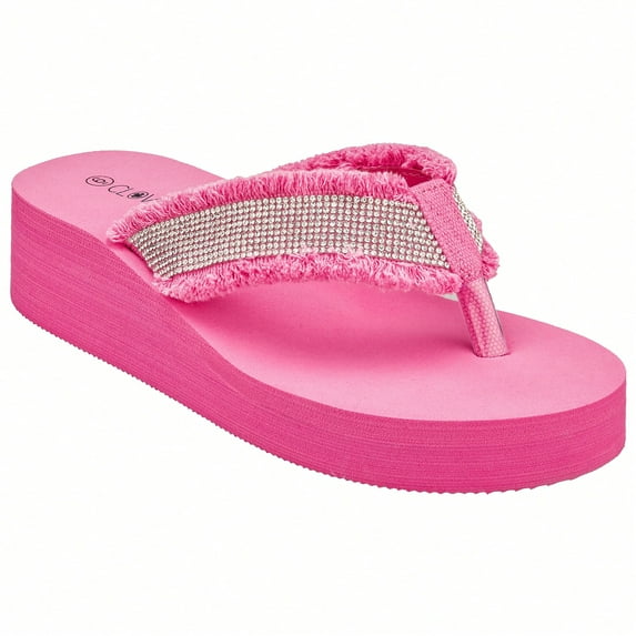 Women's Fashionable Rhinestone Decor Flip Flops Thick Bottom Wedge Beach Sandals Platform Flip Flop Toe Post Design Slippers Summer Sandals