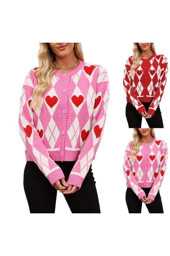 Women's Fashionable Round Neck Long Sleeved Heart-shaped Contrasting Button Casual Sweater Jacket for Valentine's Day Fall Winter Romantic Evenings,Red,M