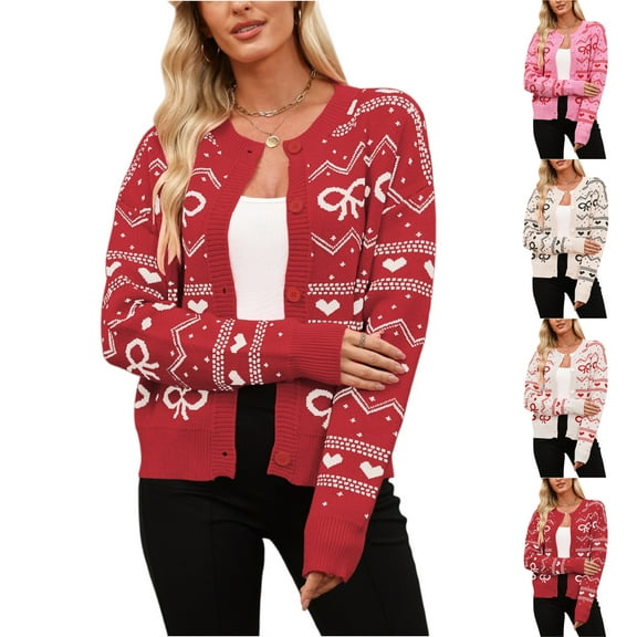 Women's Fashionable Round Neck Long Sleeved Heart-shaped Contrasting Button Casual Sweater Jacket for Valentine's Day Fall Winter Dates,Black,L