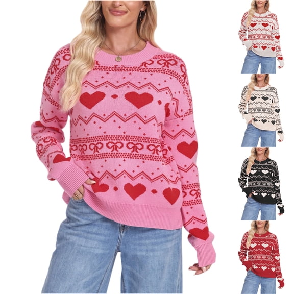 Women's Fashionable Round Neck Long Sleeved Heart-shaped Pullover Contrasting Color Pullover Sweater Top for Fall and Winter, Cute and Stylish, Ideal for Casual Wear,Black,Size L