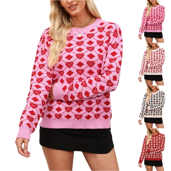 Women's Fashionable Round Neck Long Sleeved Heart-shaped Pullover Contrasting Color Pullover Sweater Top for Fall and Winter, Cute and Stylish, Ideal for Casual Wear,Hot Pink,Size L