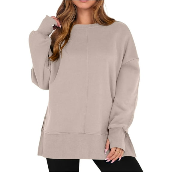 Women's Fashionable Round Neck Long Sleeved Sports Casual Solid Color Loose Fit Sweater Sweatshirt Side Slit Pullover Top