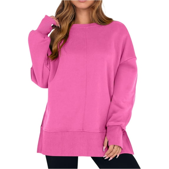 Women's Fashionable Round Neck Long Sleeved Sports Casual Solid Color Loose Fit Sweater Sweatshirt Side Slit Pullover Top