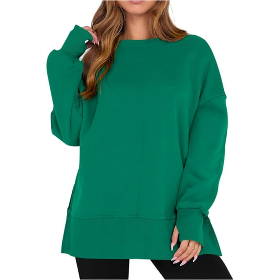 Women's Fashionable Round Neck Long Sleeved Sports Casual Solid Color Loose Fit Sweater Sweatshirt Side Slit Pullover Top
