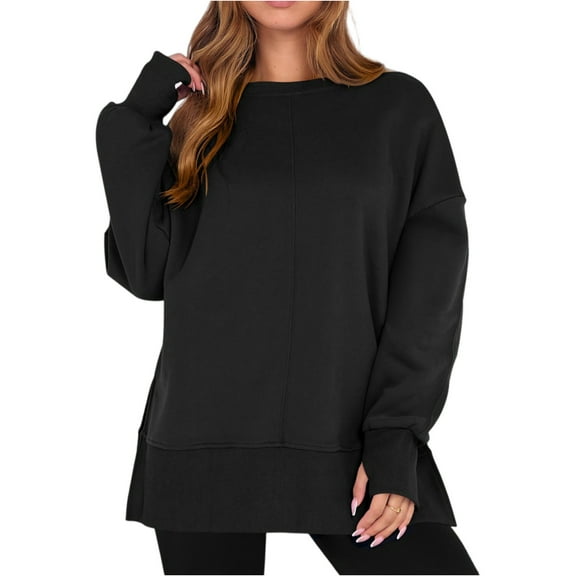 Women's Fashionable Round Neck Long Sleeved Sports Casual Solid Color Loose Fit Sweater Sweatshirt Side Slit Pullover Top