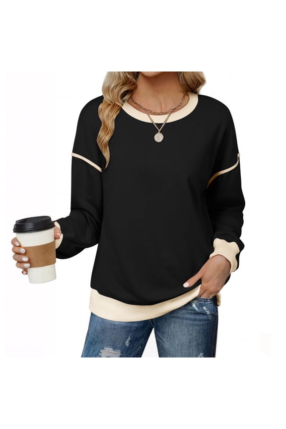 Women's Fashionable Round-Neck Wool Blend Long-Sleeve Color-Blocked Top | Soft, Comfortable, Oversized Sweatshirt for Casual Everyday Wear. Black