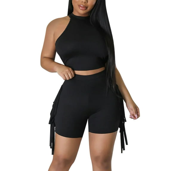 Women's Fashionable Sexy Casual Shorts Two Piece Set Sleeveless Fringe Round Neck Solid Color Outfit Summer Comfortable Stylish