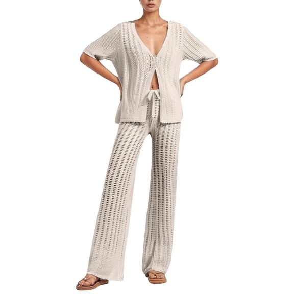 Women's Fashionable Sexy Comfortable Mesh Knit Cardigan And Pants Set