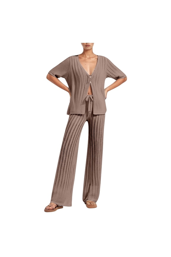 Women's Fashionable Sexy Comfortable Mesh Knit Cardigan And Pants Set
