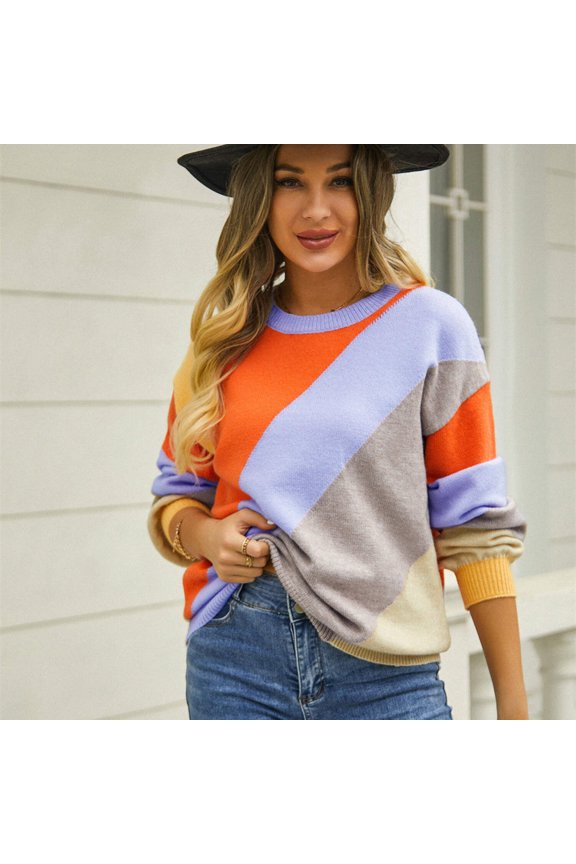 Women's Fashionable Simple Striped Patchwork Round Neck Sweater