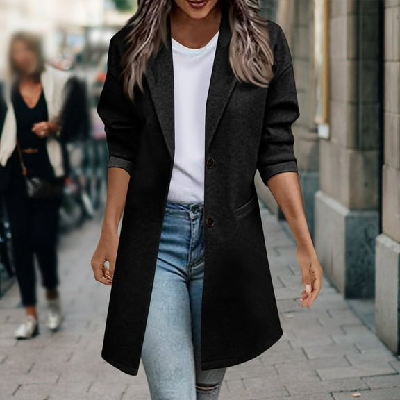 Women's Fashionable Single Breasted Woolen Jacket Lapel Pockets Solid Coat​​